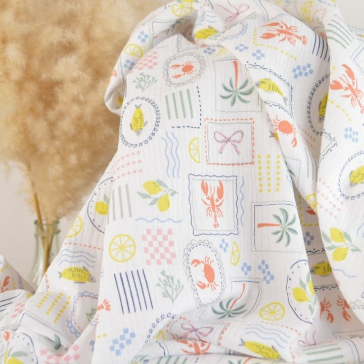 Tissu Double gaze coton Cagliari fond blanc - oeko tex