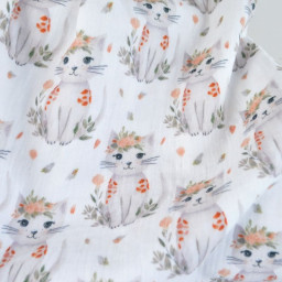 Tissu double gaze de coton Minoshka motif chats fond blanc
