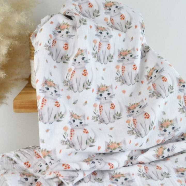 Tissu double gaze de coton Minoshka motif chats fond blanc