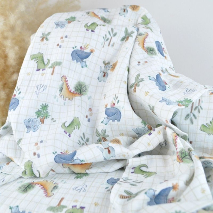 Tissu double gaze de coton Ceradino motif dinosaures fond à carreaux