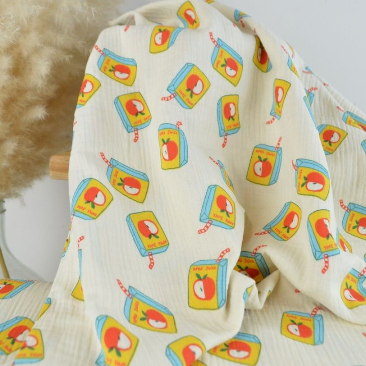 Tissu double gaze de coton Juice motif briques de jus de pomme