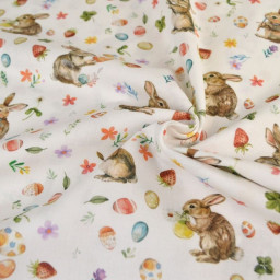 Tissu coton lapins et oeufs de Pâques fond blanc