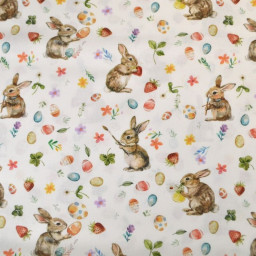 Tissu coton lapins et oeufs de Pâques fond blanc