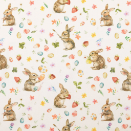 Tissu coton lapins et oeufs de Pâques fond blanc