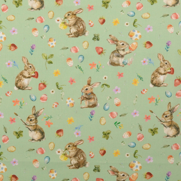 Tissu coton lapins et oeufs de Pâques fond vert