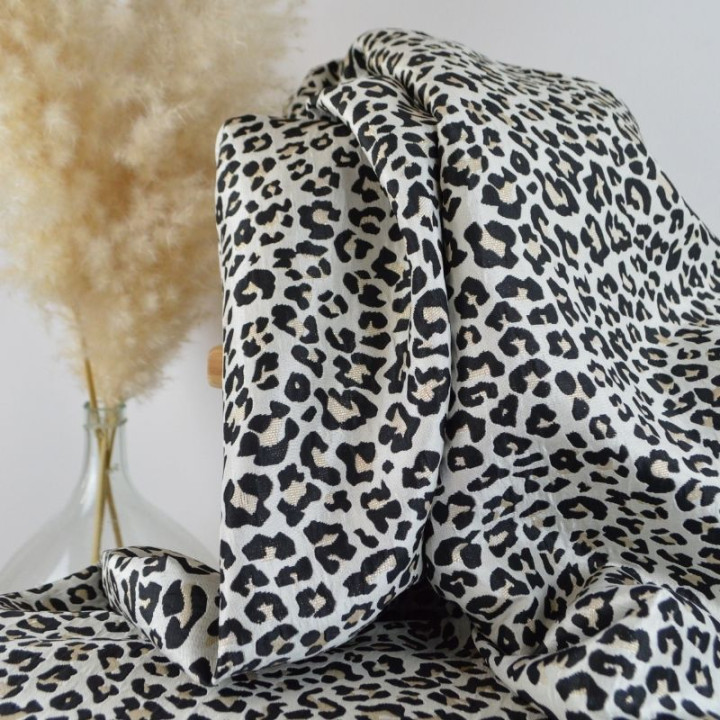 Tissu jacquard Habillement Leopard Lurex beige et Noir