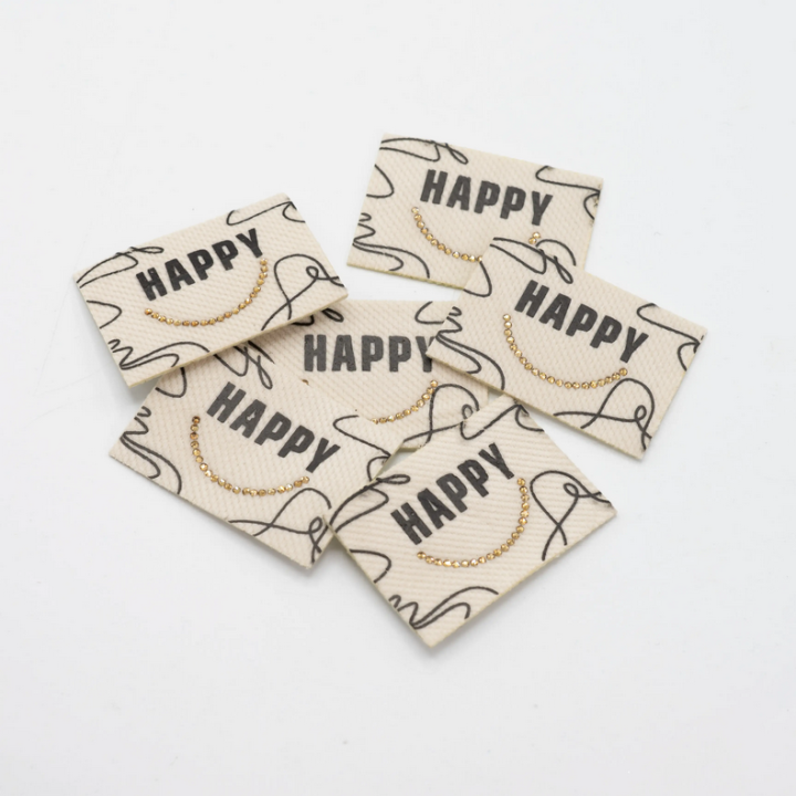 Étiquette tissée - Happy - strass doré