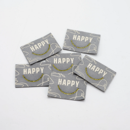Étiquette tissée gris - Happy - strass doré