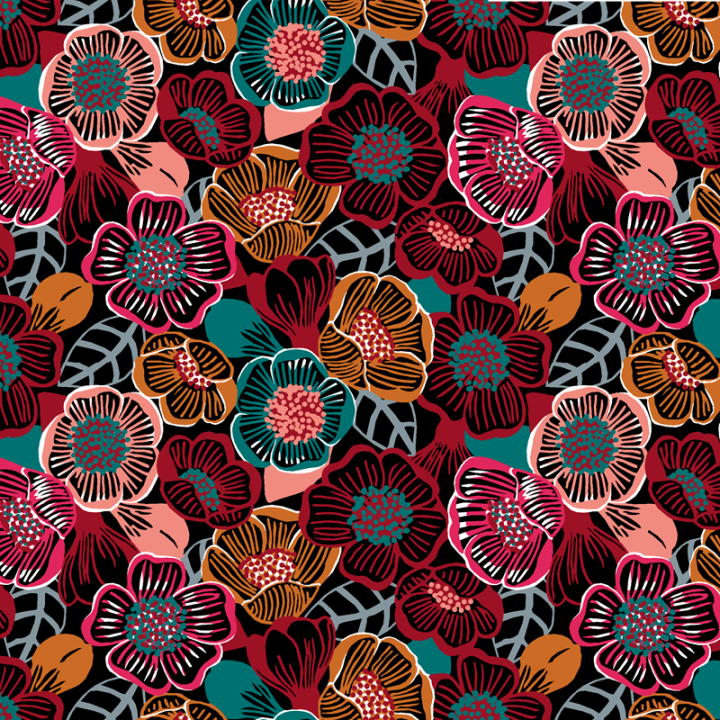 Tissu imprimé floral graphique Clema sur fond noir avec fleurs bordeaux, fuchsia et pétrole