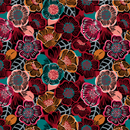 Tissu imprimé floral graphique Clema sur fond noir avec fleurs bordeaux, fuchsia et pétrole