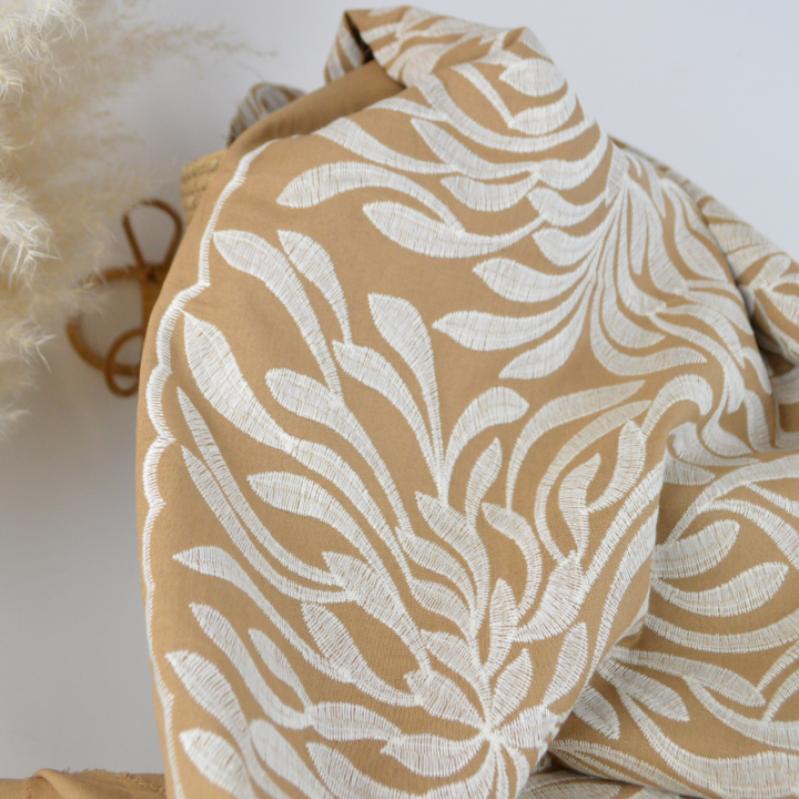 Tissu viscose lin brodé & festonné - Beige