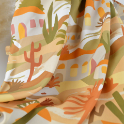 Popeline de viscose motif méditerranéen – terracotta, ocre et vert