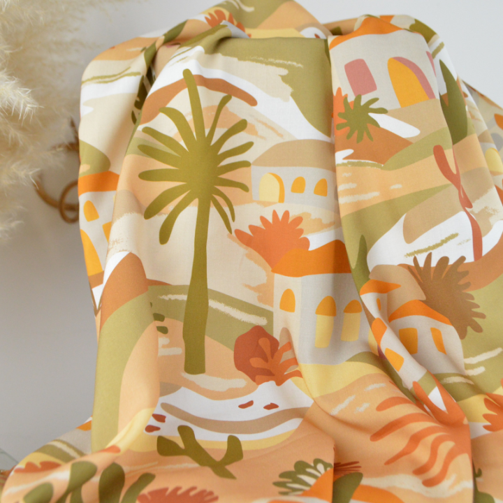 Popeline de viscose motif méditerranéen – terracotta, ocre et vert