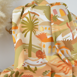 Popeline de viscose motif méditerranéen – terracotta, ocre et vert
