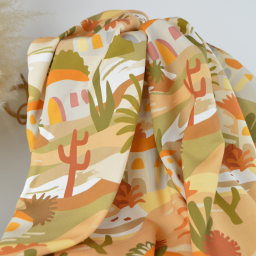 Popeline de viscose motif méditerranéen – terracotta, ocre et vert