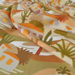 Popeline de viscose motif méditerranéen – terracotta, ocre et vert