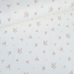 Tissu jersey côtelé motif fleurs roses fond blanc cassé