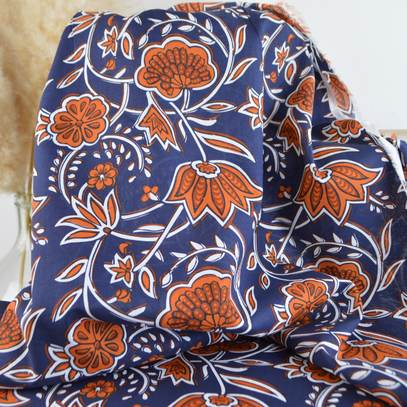 Tissu Coton Imprimé Main Floral Indien - 5 Yards (environ 4,57m) - Couleur Pêche - 100% Coton Léger