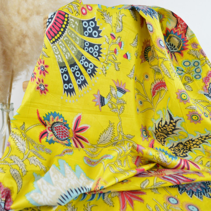 Tissu Indien Block Print Prayan fond jaune - kalamkari