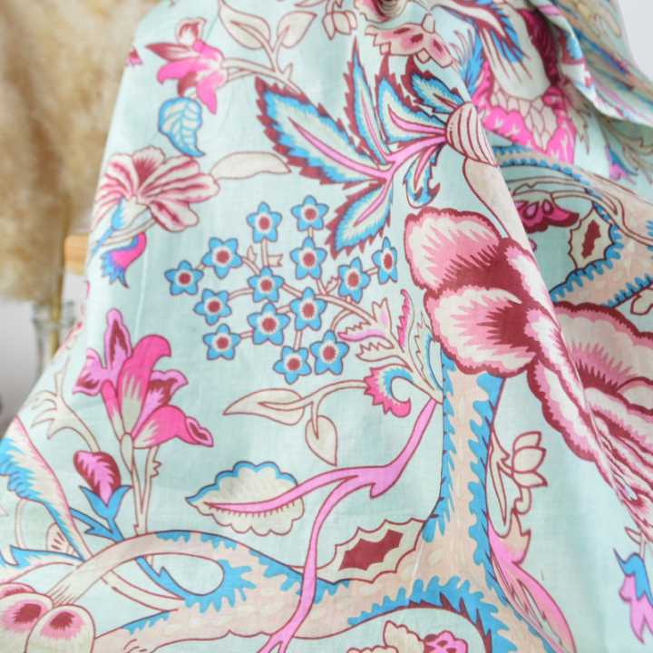 Tissu Indien Block Print Omiraj fond Bleu - kalamkari