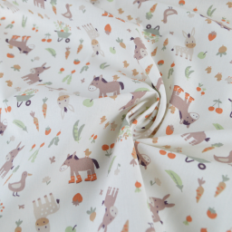 Tissu cretonne coton Baudet motif ânes et canards fond écru - OEKO TEX