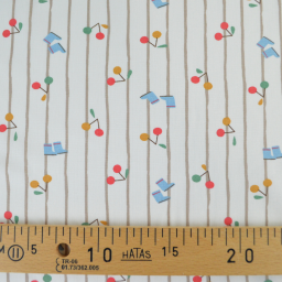 Tissu cretonne coton Patati motif cerises et bottes fond à rayures - OEKO TEX