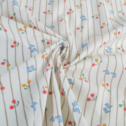 Tissu cretonne coton Patati motif cerises et bottes fond à rayures - OEKO TEX
