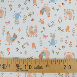 Tissu cretonne coton Cocotte motif poules et fleurs fond écru - OEKO TEX