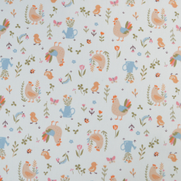 Tissu cretonne coton Cocotte motif poules et fleurs fond écru - OEKO TEX