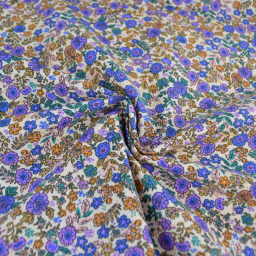 Tissu cretonne coton Barbara petites fleurs violettes et camel fond écru