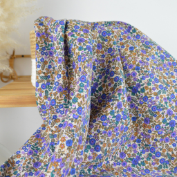 Tissu cretonne coton Barbara petites fleurs violettes et camel fond écru