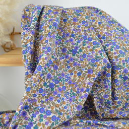 Tissu cretonne coton Barbara petites fleurs violettes et camel fond écru