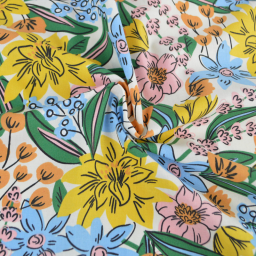 Tissu Cretonne de Coton Camilou - Motif Fleurs Jaunes, Camel et Bleu