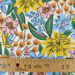 Tissu Cretonne de Coton Camilou - Motif Fleurs Jaunes, Camel et Bleu