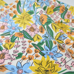 Tissu Cretonne de Coton Camilou - Motif Fleurs Jaunes, Camel et Bleu