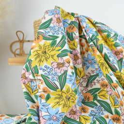 Tissu Cretonne de Coton Camilou - Motif Fleurs Jaunes, Camel et Bleu