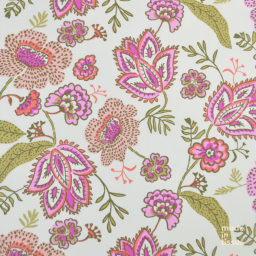 Tissu Cretonne de Coton Khonoma - Motif Fleurs Roses et Paisley Fond Écru