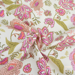 Tissu Cretonne de Coton Khonoma - Motif Fleurs Roses et Paisley Fond Écru