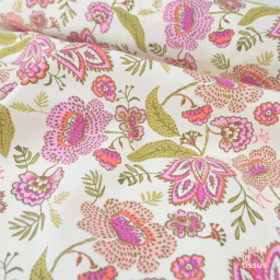Tissu Cretonne de Coton Khonoma - Motif Fleurs Roses et Paisley Fond Écru
