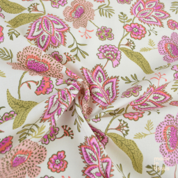 Tissu Cretonne de Coton Khonoma - Motif Fleurs Roses et Paisley Fond Écru