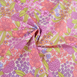 Tissu Cretonne de Coton Myrta - Motif Floral Violet, Rose et Orangé