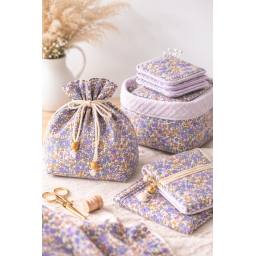 Tissu cretonne coton Barbara petites fleurs violettes et camel fond écru