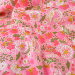 Tissu Cretonne de Coton Ostache - Motif Fleurs & Fraises Rose Fuchsia