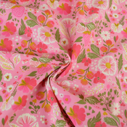 Tissu Cretonne de Coton Ostache - Motif Fleurs & Fraises Rose Fuchsia