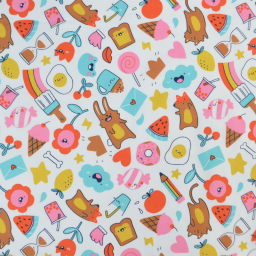 Tissu Cretonne de Coton Kawi - Motif Kawaii Multicolore