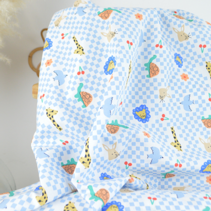 Tissu Cretonne de Coton Joe - Motif animaux et carreaux bleus et blancs