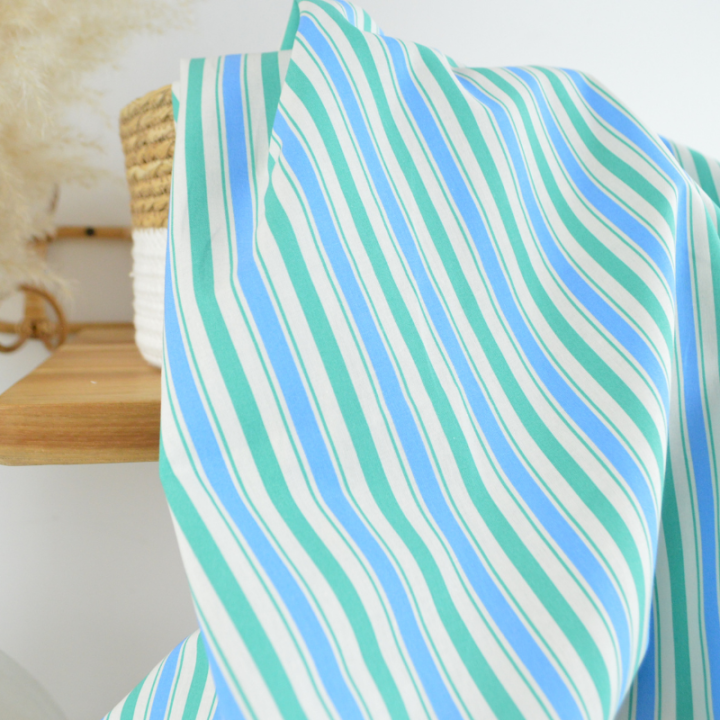 Tissu cretonne coton Lydia à rayures bleues et vertes - OEKO TEX