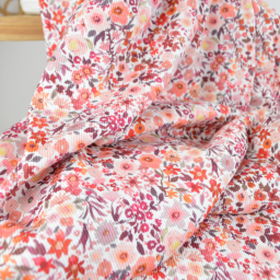 Tissu jersey côtelé motif fleurs automnales roses