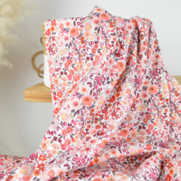 Tissu jersey côtelé motif fleurs automnales roses