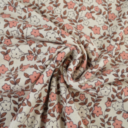 Tissu jersey côtelé bio motif fleurs roses et caramel fond naturel